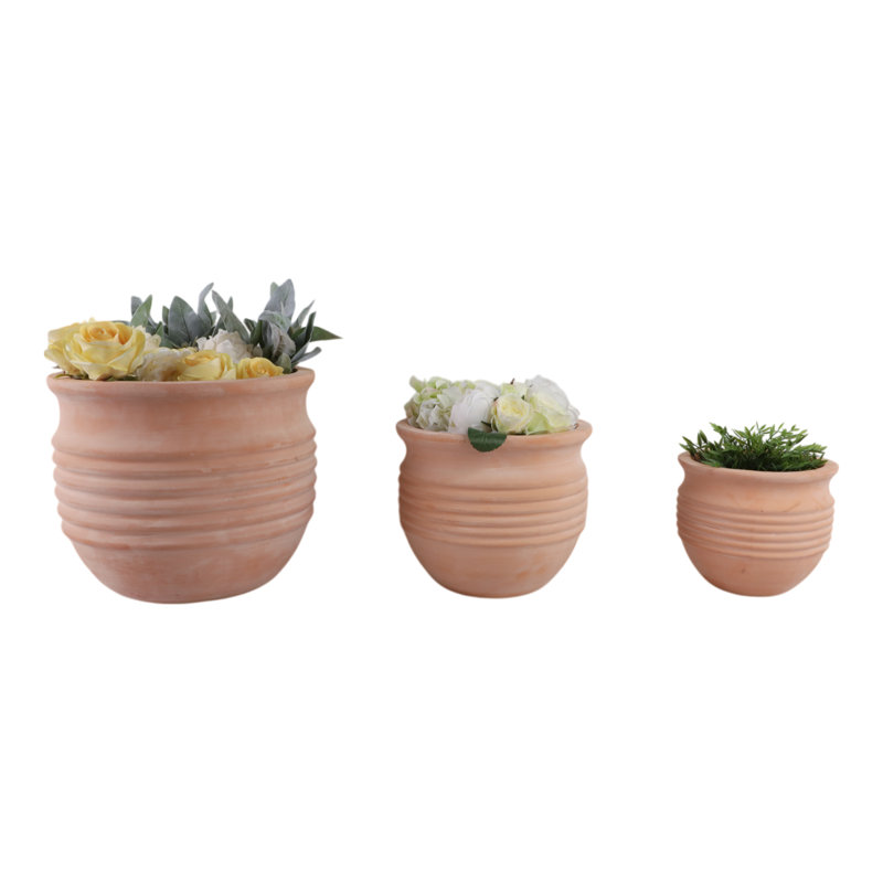 Set Of 3 Pottery And Clay Planters With Ribbed Design Crafted From Durable Earthenware Material For Decorative Functional Appeal In Versatile Rounded Silhouette Ideal For Indoor Or Outdoor Display