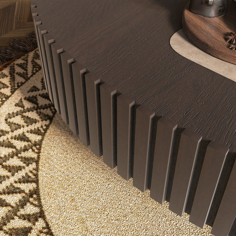 Table basse ovale fabriquée à la main avec relief et piédestal, Noyer