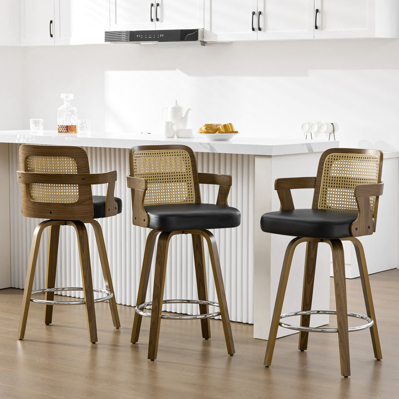 Upholstered Cane Back Counter & Bar Stool With Armrest, Black, Counter Stool (26" Seat Height)
