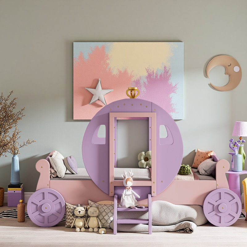 Princess Magical Crown Carriage-shaped Bed with Ladder, Purple