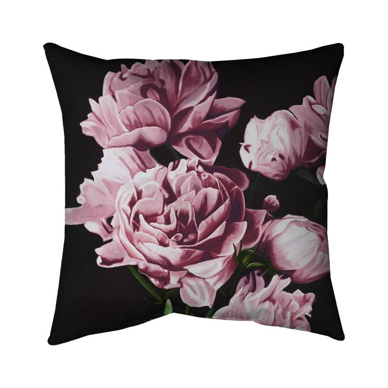 Pink peonies - 18"x18" Throw pillow cover - Poly twill - Print on demand, Black/Pink