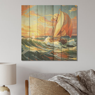 Orange Nautical Sailing Boat Horizon I - Boat On Wood Print