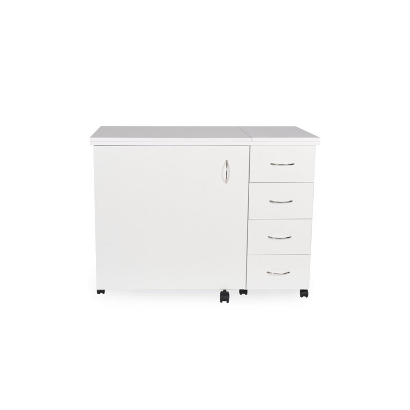 Ash White Foldable Sewing Cabinet with Drawers and Wheels