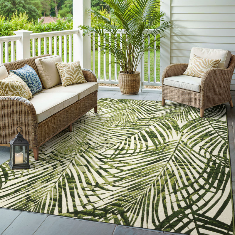 Arjay Layered Tropical Leaves Green/ Ivory Indoor-Outdoor Rug, Rectangle 5'3" x 7'7"