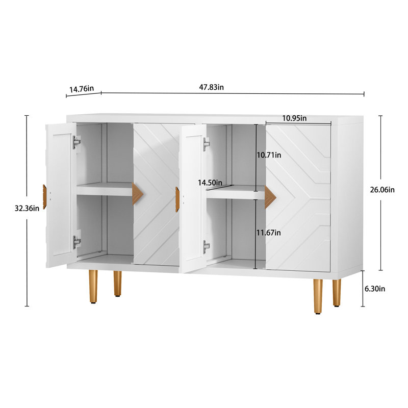 47.8'' Modern Sideboard Cabinet with 4 Embossed Pattern Doors for Kitchen, Living Room, White