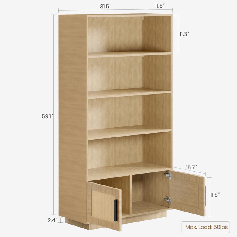 Boho Bookcase With Rattan Doors, 5 Tier Bookshelf, Natural