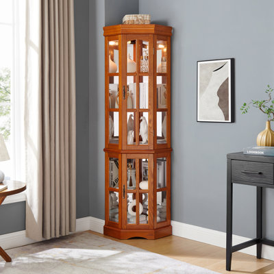 Corner Curio Cabinet With 5 Shelves And Lighting System, Oak(E26 Light Bulb Not Included)