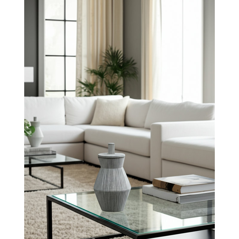 Vase à couvercle en grès Chambre, H 15 po x l 8 po x P 8 po, Gris