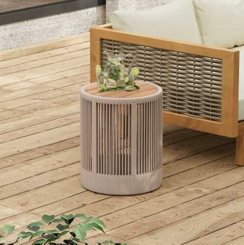 Table d'appoint d'extérieur en corde de rotin et bois d'acacia - Mobilier de balcon de patio pour jardin, cour, balcon