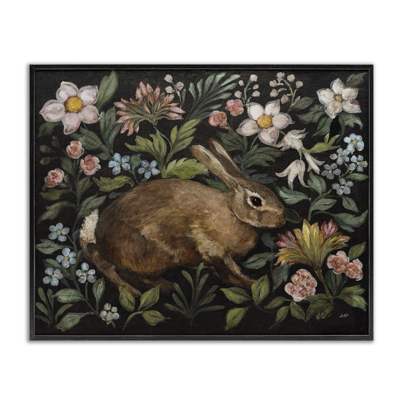«Flora And Fauna Rabbit», estampe numérique, design par Julia Purinton, H 11 po x l 14 po, Giclée encadrée noir minuit