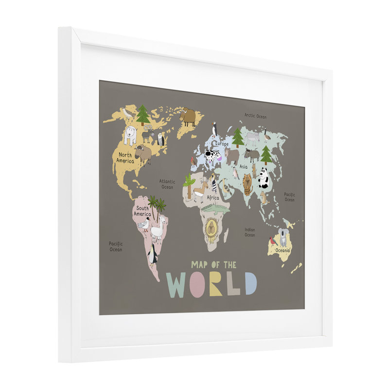 «Kid's Map Of World», reproduction encadrée sous verre, par Carla Daly, H 17 po x l 21 po, Cadre blanc côtier