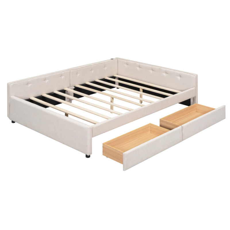 Grand lit plateforme tapissier avec port USB et 2 tiroirs