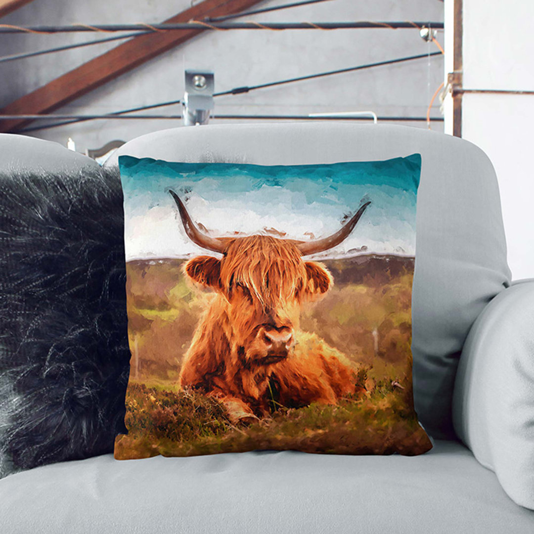 A Resting Highland Cow in Abstract Cushion with Filling