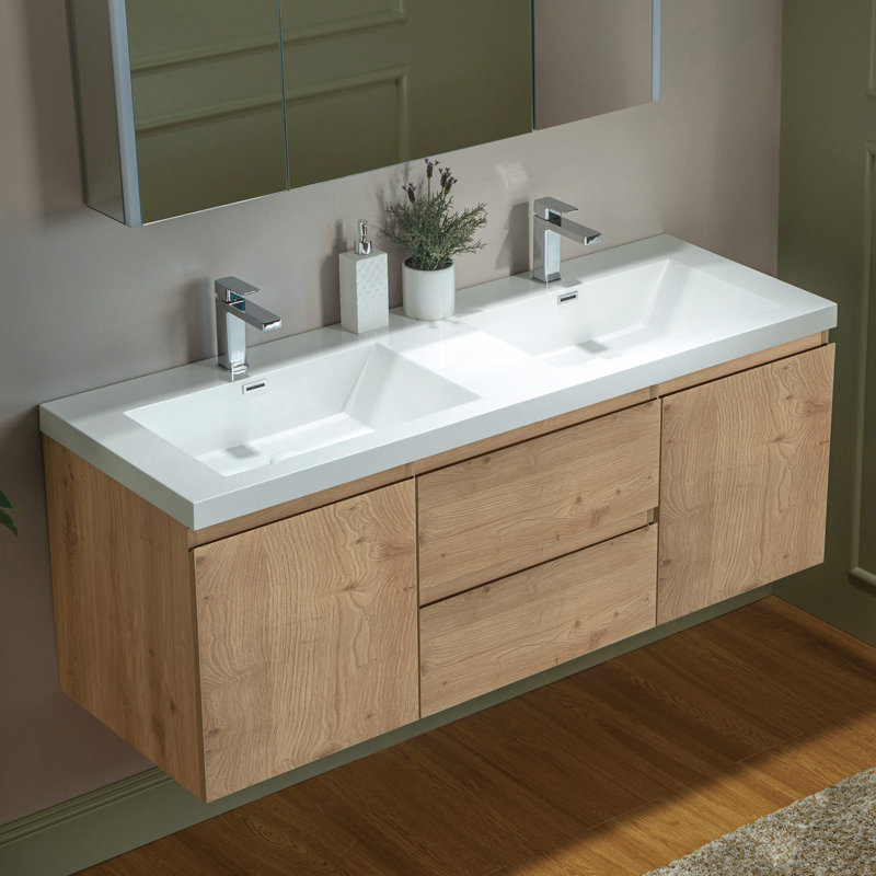 Meuble-lavabo mural flottant l 59 po x P 19,6 po avec comptoir en résine, Blanc, Chêne naturel