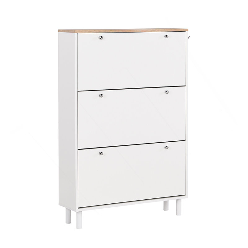 Narrow Design Shoe Cabinet With 3 Flip Drawers, Wood Grain Pattern Top Entryway Organizer With 3 Hooks, Free Standing Shoe Rack With Adjustable Panel For Hallway