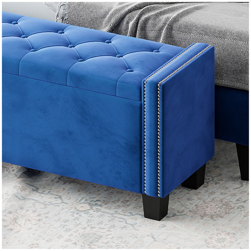 Upholstered Velvet Storage Ottoman Bench for Bedroom, End of Bed Bench with Rivet Design, Tufted Foot Rest Stool,Blue, Blue