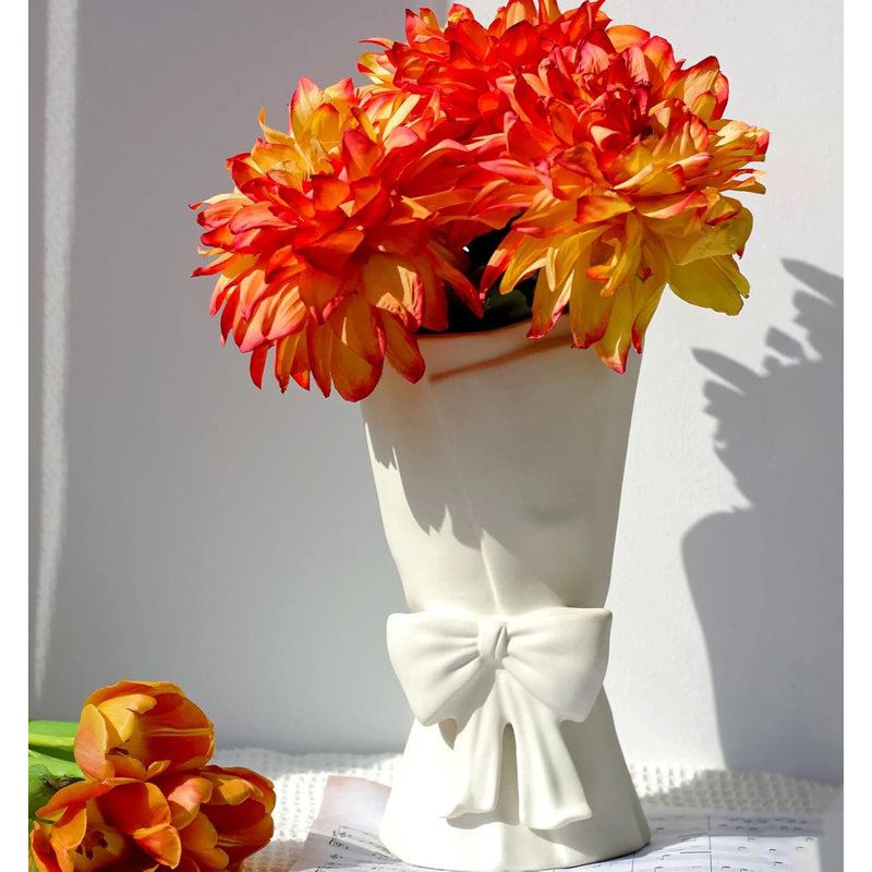 Charming 9.64" Green Ceramic Bow Vase - Ideal Decor & Gift for Women, White