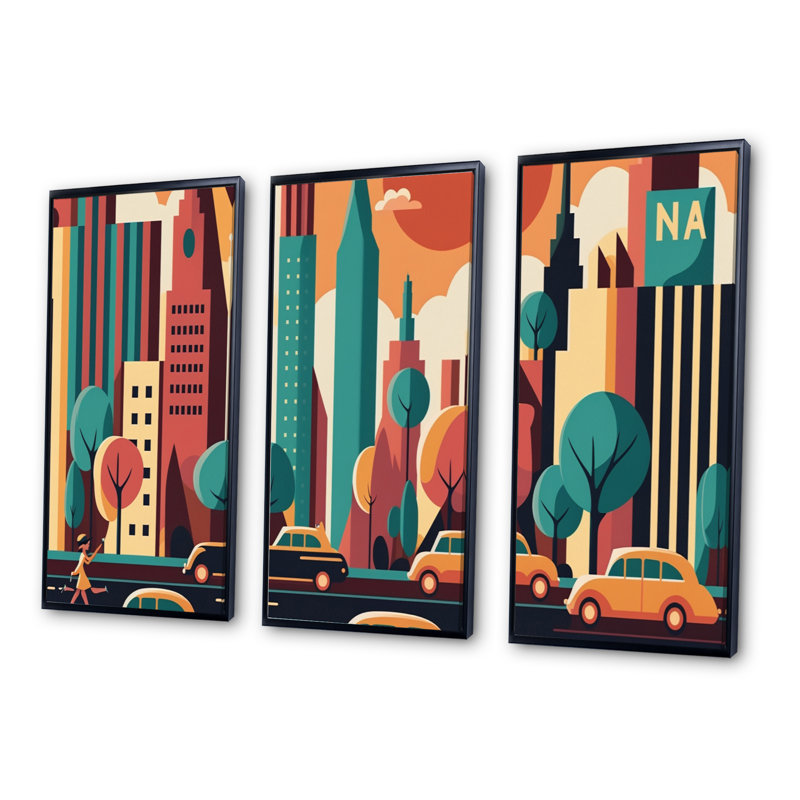 «Colorful Cityscape III», reproduction sur toile 3 pièces, H 32 po x l 48 po x P 1 po, Cadre noir