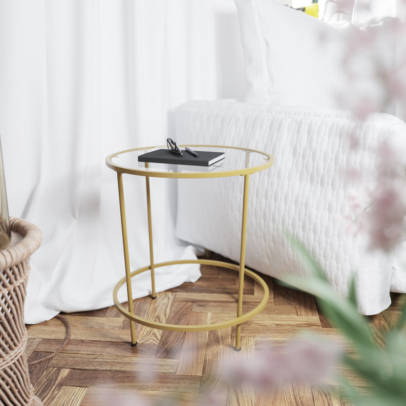 Round End Table, Modern Glass Accent Table with Metal Frame