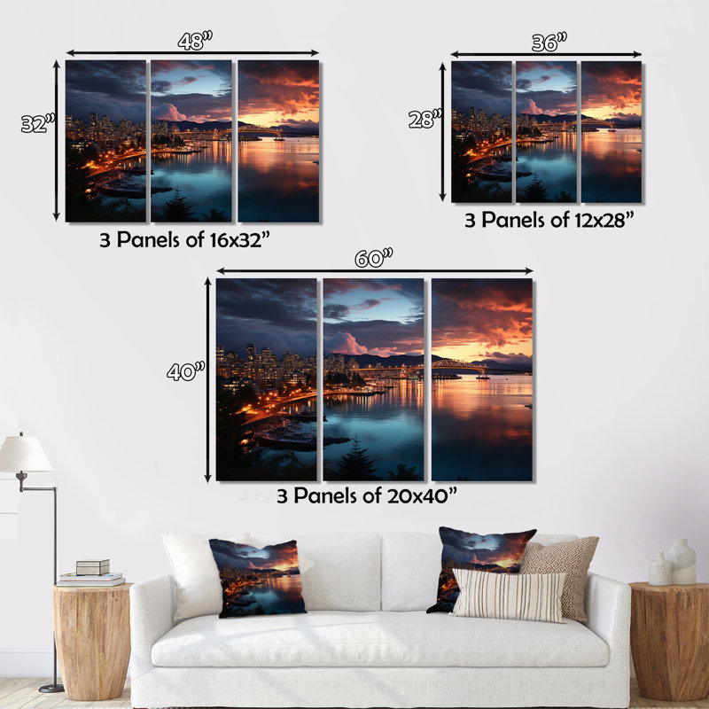 Canada, crépuscule sur toile, 3 pièces, H 28 po x l 36 po