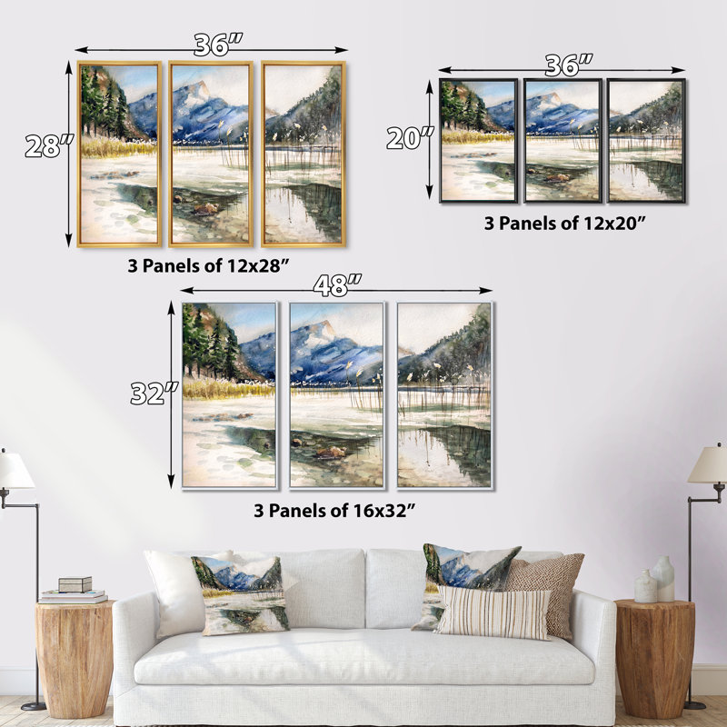Lac avec paysage de montagne - peinture sur toile 3 pièces, Noir, H 28 po x l 36 po