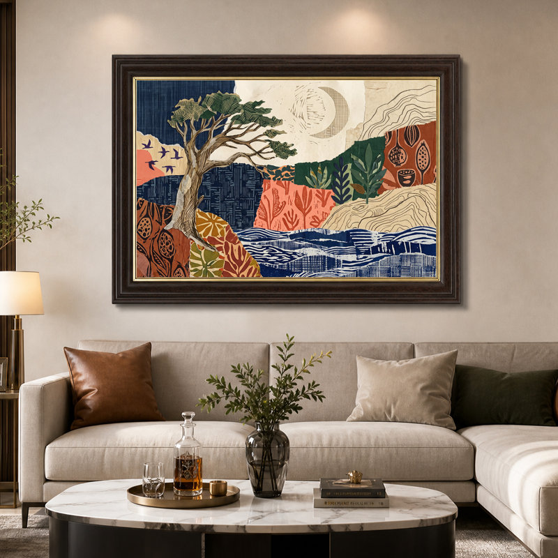 «Woodcut Tree and Birds Over Blue Water», art mural sur toile, H 12 po x l 18 po