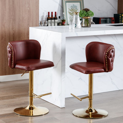 Tabourets de bar pivotants modernes à hauteur réglable, dossier rembourré en polyuréthane, pour pub et îlot de cuisine deux - bourgogne rouge vin, revêtement en cuir avec dossier et deux