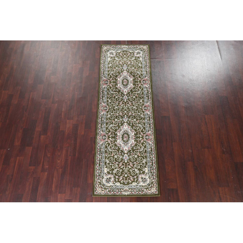 Tapis turc oriental vert à motif floral transitionnel 2X3, Tapis de couloir 2 pi 7 po x 7 pi 10 po