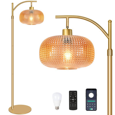 Lampe sur pied en verre pour le salon avec abat-jour en verre, lampe sur pied moderne à intensité variable avec ampoule DEL 12 W, lampe haute télécommande pour chambre à coucher, (ambre)