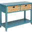 Console rectangulaire bleu sarcelle avec rangements intégrés : 2 tiroirs et une tablette inférieure. Construction en bois massif. Parfait pour une entrée. Pieds stables pour utilisation dans le salon.
