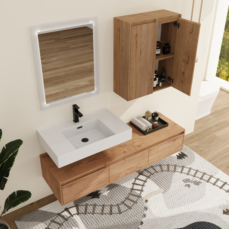 Ensemble de meuble-lavabo mural 60 po Elsar avec plateau en résine et tablettes latérales de 24 po