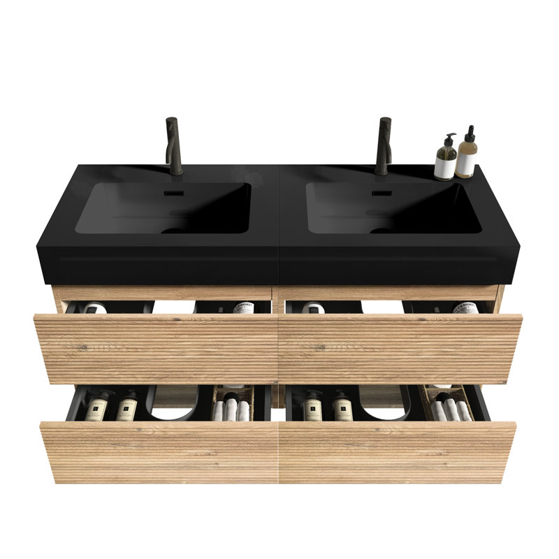 Meuble-lavabo suspendu de 122 cm (48 po), lavabo en quartz noir reconstitué, tiroirs en chêne brut, style moderne du milieu du siècle, évacuation silencieuse en forme de U, panneaux latéraux en bois, esthétique, grand espace de rangement