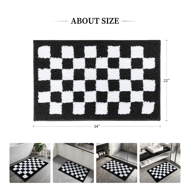 Tapis de bain à carreaux noirs et blancs 56 x 86 cm, doux et moelleux, antidérapant, lavable à la machine et absorbant. Parfait pour décorer la douche, la baignoire ou le lavabo.