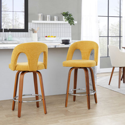 Fixed-Height Counter Stool With Swivel In Walnut Wood And Yellow Fabric With Round Chrome Metal Footrest - Set Of 2