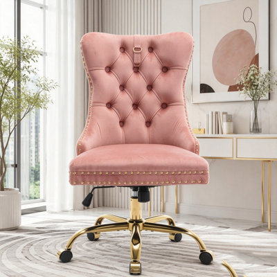 Chaise de bureau pivotante en velours touffetée avec base dorée