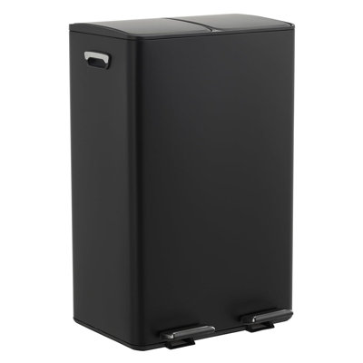 Dual 2 x 8 gal (2 x 30L) Stainless Steel Trash Can with Recycling Bin, Soft-Close Lid, Foldable Anti-Slip Step-on Pedal, Stainless Steel Handle, Removable Plastic Inner Buckets for Kitchen or Office