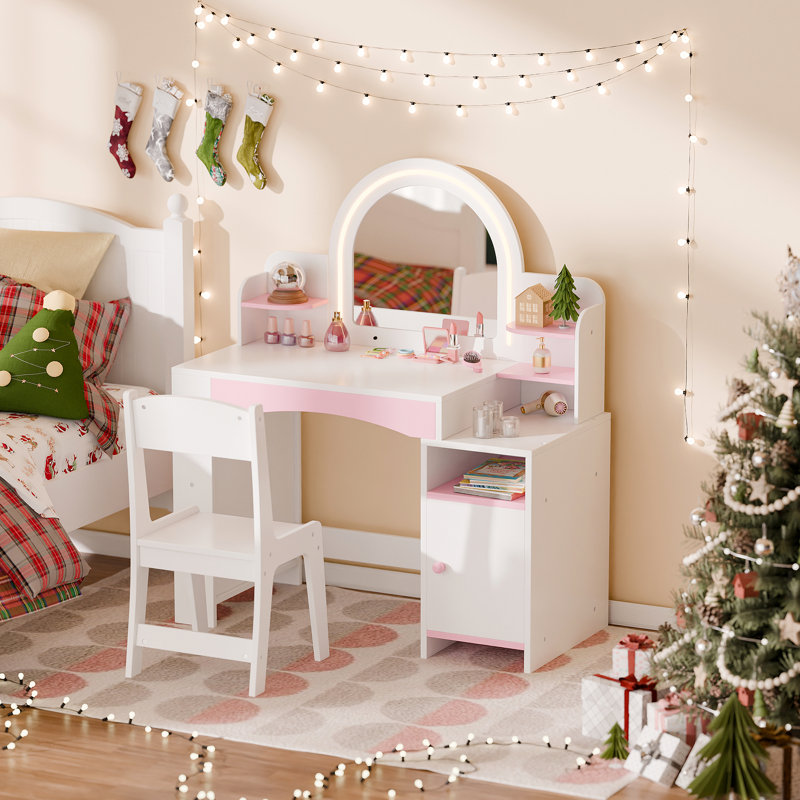 Ensemble de coiffeuse pour enfants 2 en 1 avec miroir et lumières DEL, Blanc