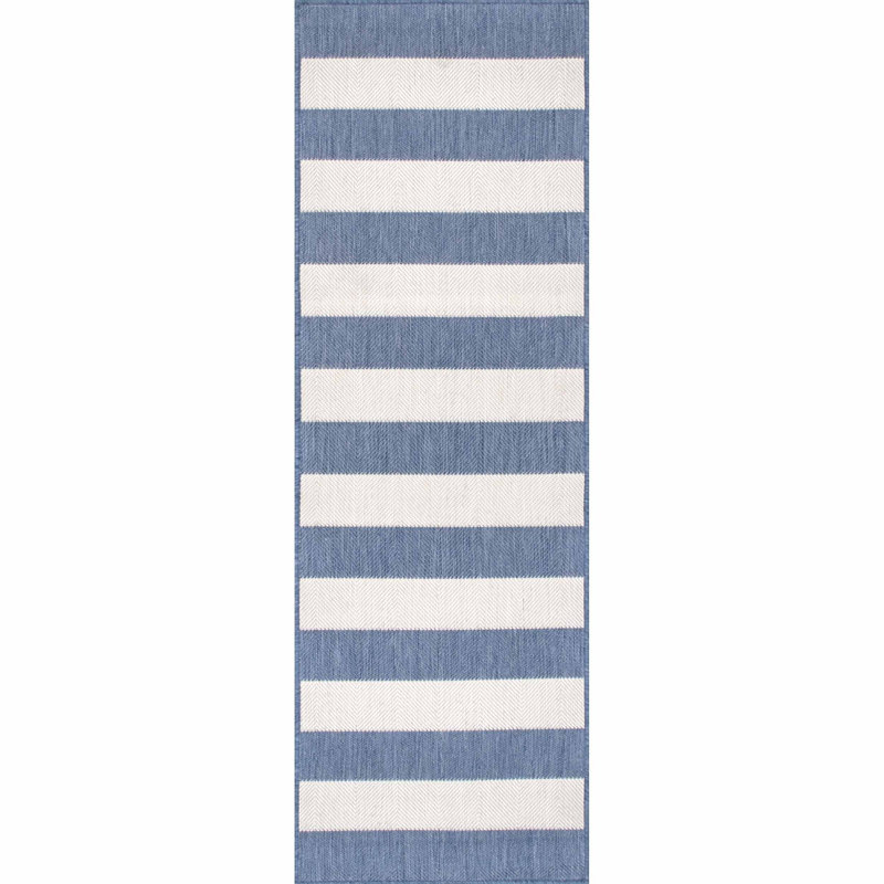 Tapis rayé bleu intérieur / extérieur Robert, Tapis de couloir 2 pi x 8 pi
