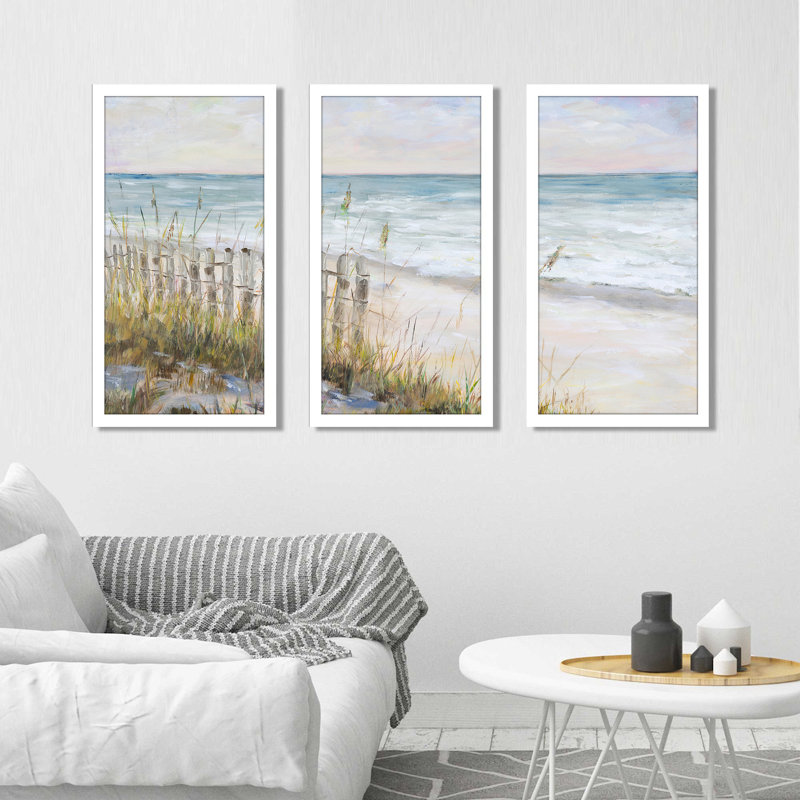 «Mist Ocean View», reproduction de 3 pièces sur acrylique dans un cadre blanc, H 33,5 po x l 52,5 po x P 1 po