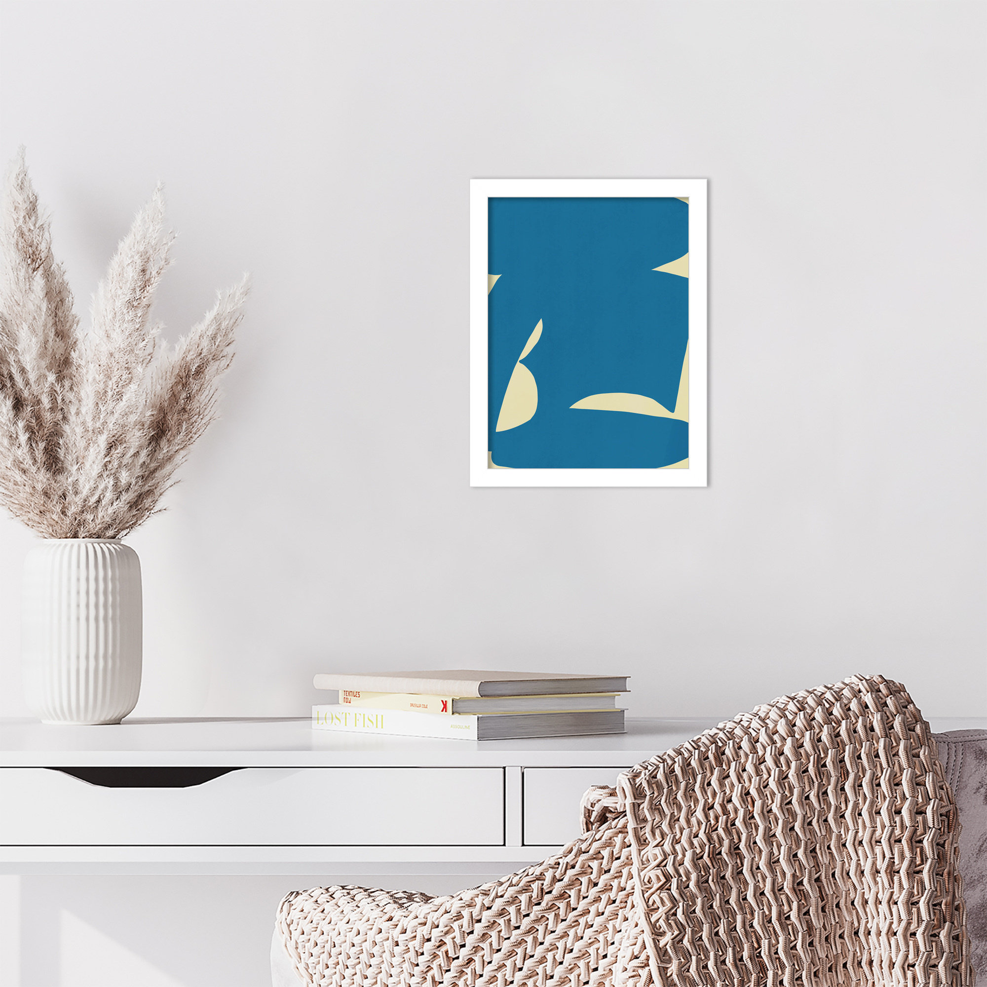 B Cut Out In Blue by Little Dean Wood Framed Wall Art Print, White, 13" H x 10" W