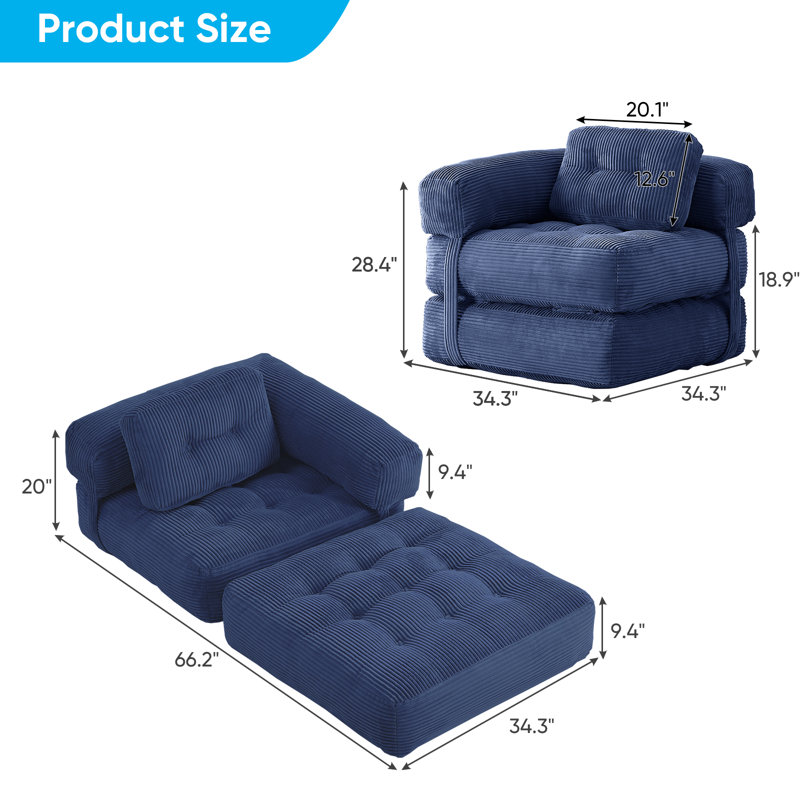 34" Folding Floor Sofa Bed – Ergonomic Lounger with Removable Cushions, Dark Blue