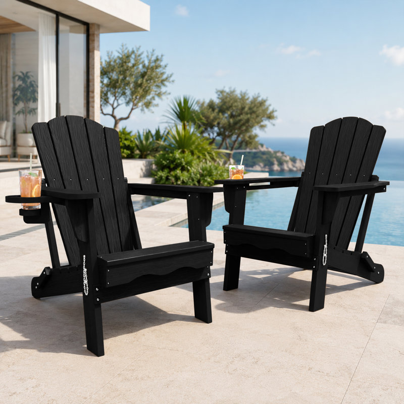 Black All-Weather HDPE Plastic Folding Adirondack Chair with Cup Holder for Patio & Garden (Set of 4), Black, 4