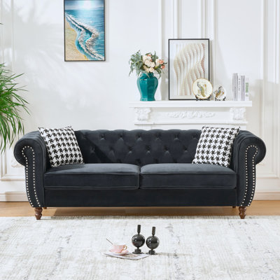 87 pouces en velours 3 places rembourré avec accoudoirs roulés et têtes de clou, design moderne Mid-Century pour salon, bureau, appartement, noir, mousse haute densité + coussin à ressorts, bois de pin massif