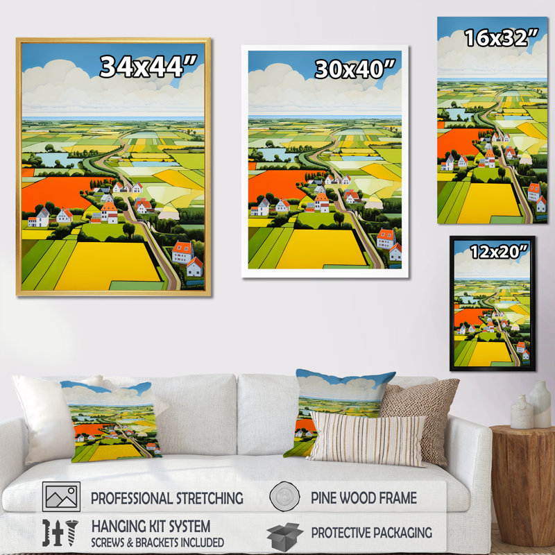 Paysage de ferme sur toile, "De Stijl", Cadre flottant noir, H 44 po x l 34 po x P 1,5 po