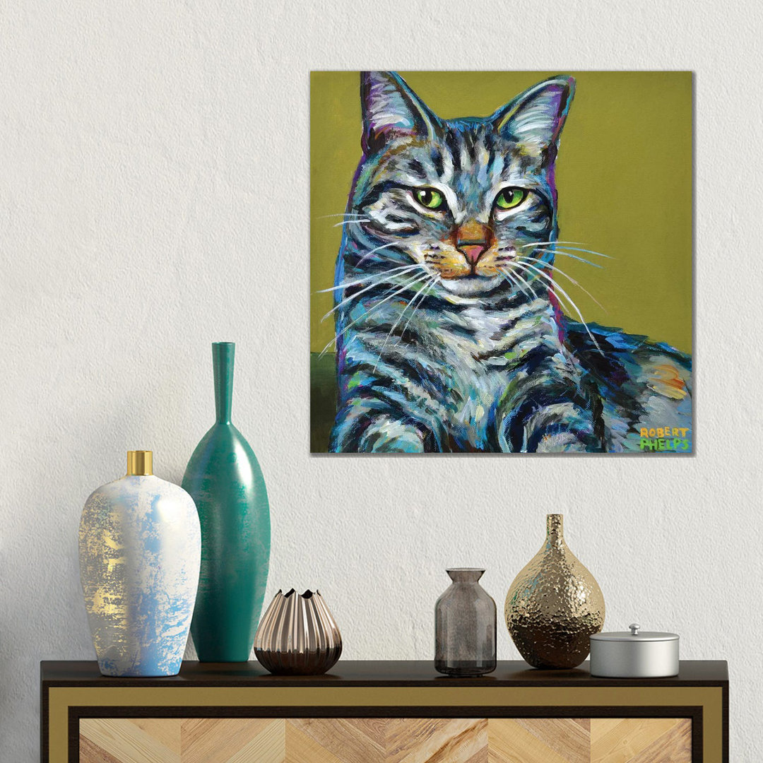 Gestreifte Tabby auf Grün von Robert Phelps - Galerie-verpackte Leinwand Giclée auf Leinwand