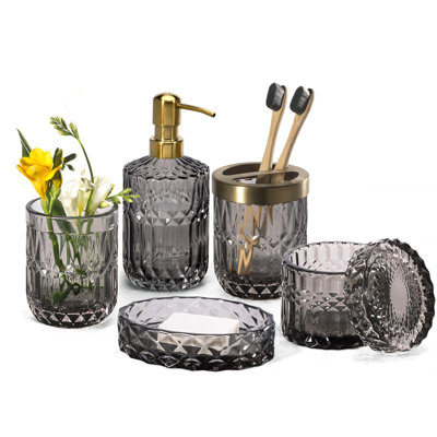 Ensemble d'accessoires de salle de bain en verre transparent 6 pièces (distributeur de savon à lotion, porte-savon, porte-brosse à dents, gobelet, pot de coton-tige), cadeau rétro contemporain en cristal (6 pièces)