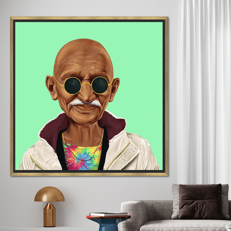 «Mahatma Gandhi», art mural graffiti, H 10 po x l 10 po, Reproduction encadrée sans passe-partout, Doré