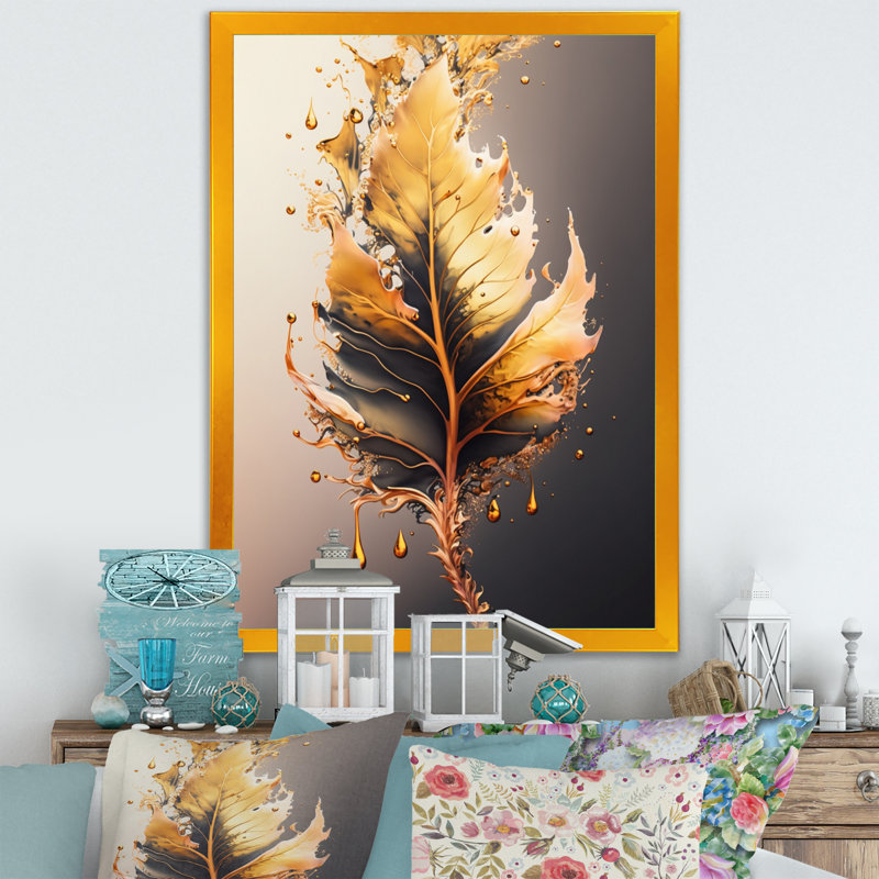 «Gold Abstract Leaves II», impression sur toile, H 32 po x l 16 po x P 1 po, Toile encadrée dorée avec coins fermés