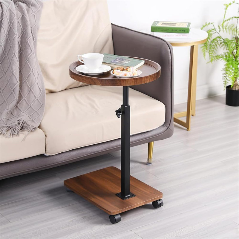 Table d'appoint roulante à hauteur ajustable en forme de C, petit canapé en bois avec pivot à 360 ° pour le salon, Brun