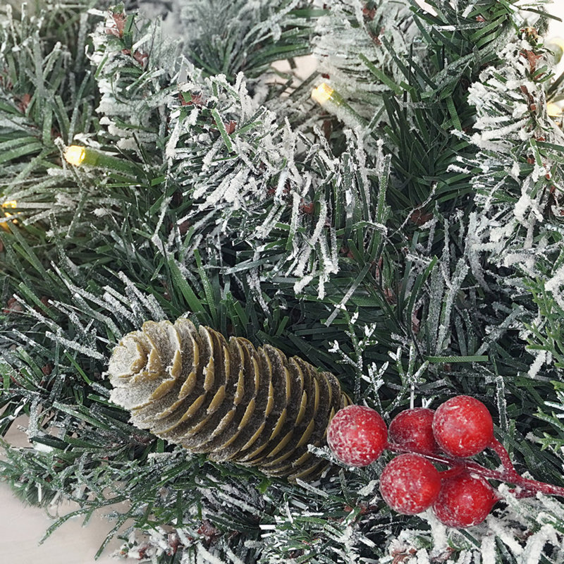 CAPHAUS Lighted Artificial Christmas Wreath, w/ LED Lights, Frosted Pine and Berries, Multiple Sizes, 36" H x 10" W x 5.9" D
